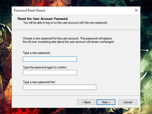 enter new password and password hint in windows 10