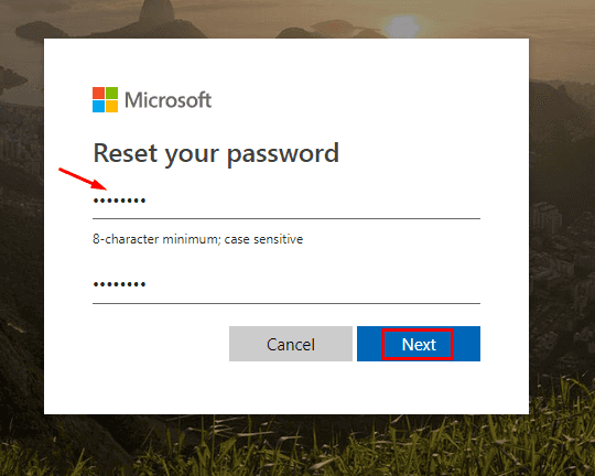 enter the new password of microsoft account