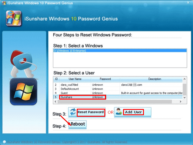 isunshare reset Windows xp password