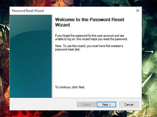 Password reset wizard in dell laptop