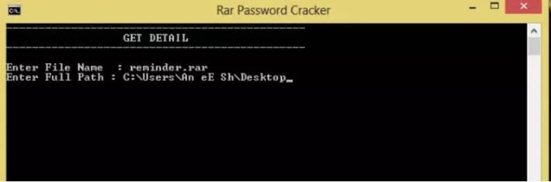 provide name and path of the rar archive to crack the password