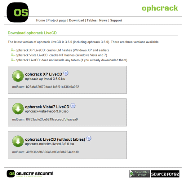 Ophcrack download choices page