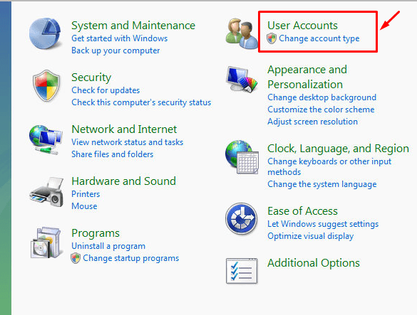 choose user account in control panel of windows 7