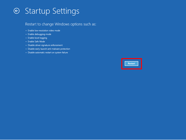 click restart button in startup settings of windows 10/8 laptop