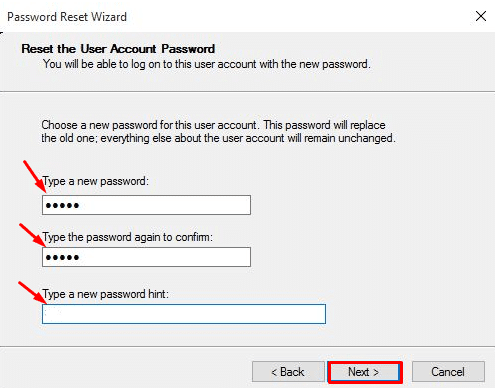 enter new password and hint in windows vista