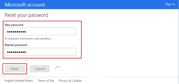 enter new password of windows 8 microsoft account