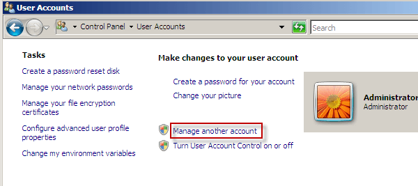 manage another account in user accounts of windows vista