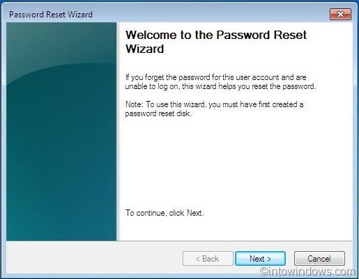 password reset wizard in windows 7
