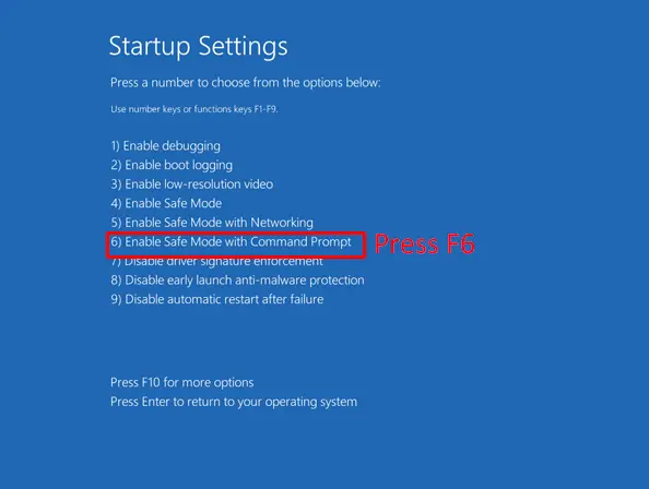 press f6 to enable safe mode with command prompt in windows 10/8 laptop