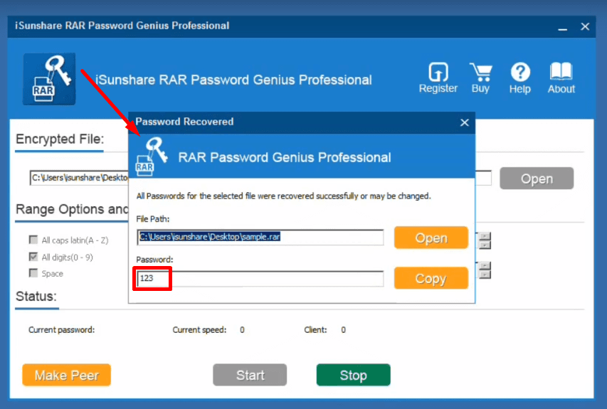 isunshare rar password recovered