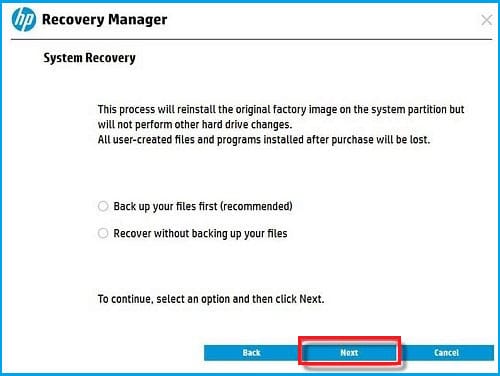 backup options in hp recovery manager windows 10/8