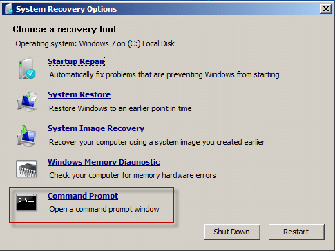 choose command prompt in system recovery options windows 7