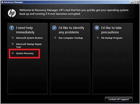 choose system recovery in hp recovery manager windows 7