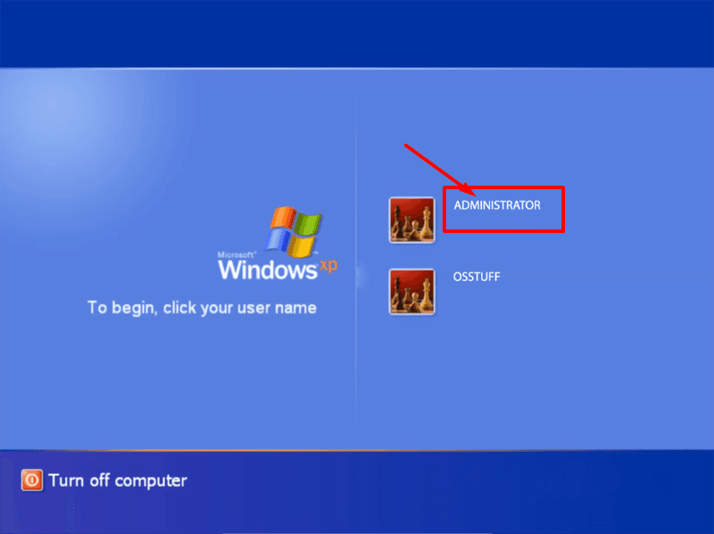 choose the default administrator account in windows xp