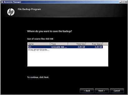 save backup file in hp recovery manager windows 7