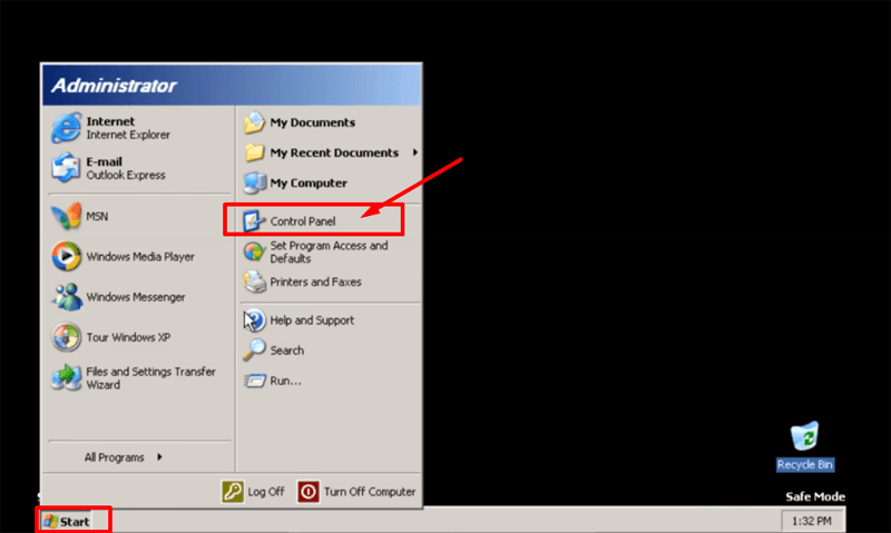 select control panel in safe mode of windows xp