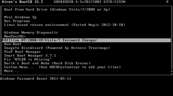 select Offline NT/2000/XP/Vista/7 Password Changer in hiren's bootcd