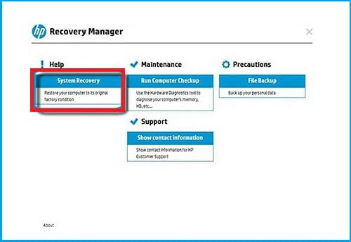 select system recovery in hp recovery manager windows 10/8