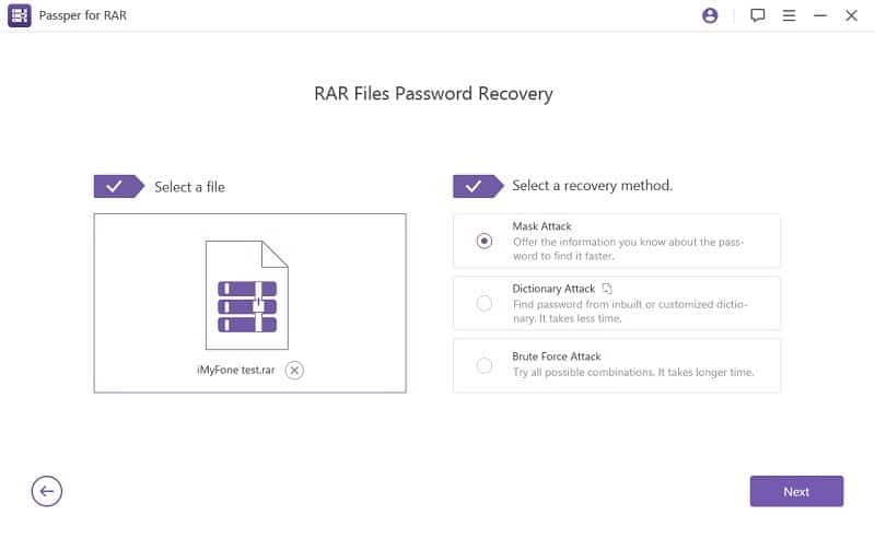 passper select locked rar file and attack method