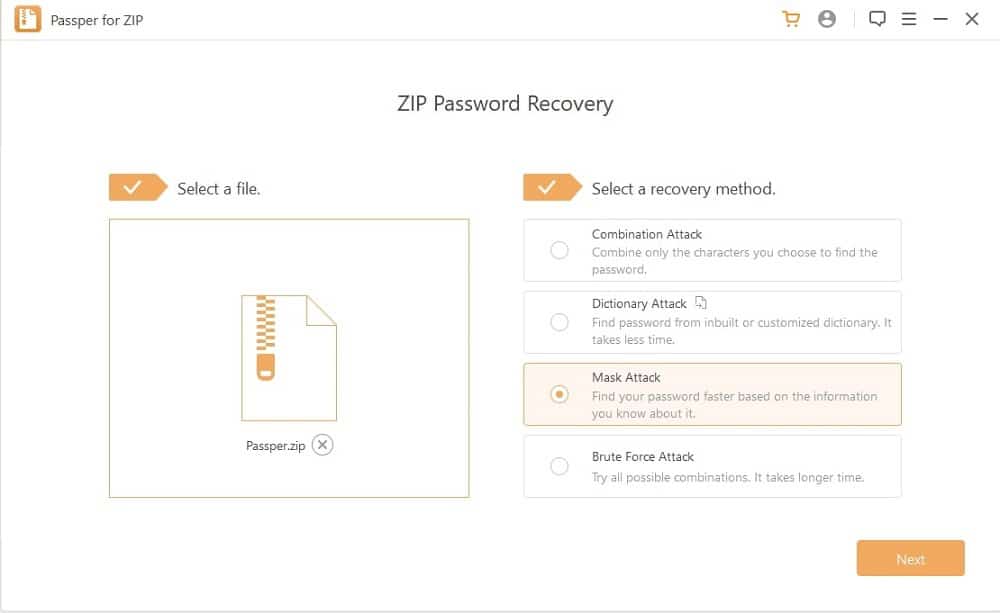 choose zip password recovery method in passper