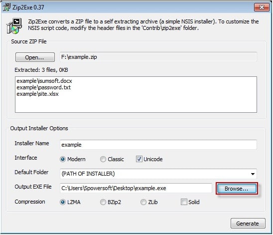 choose zip file path for exe in zip2exe