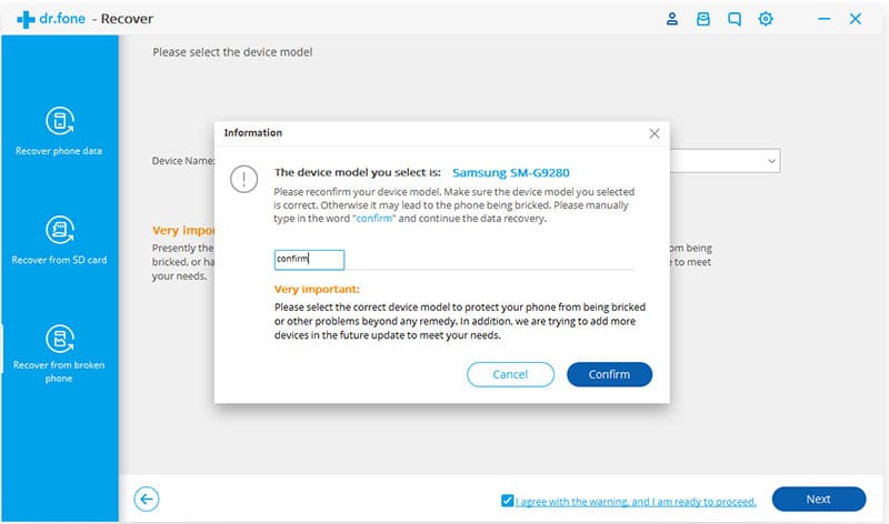 Confirmation Of The Samsung Model with drfone