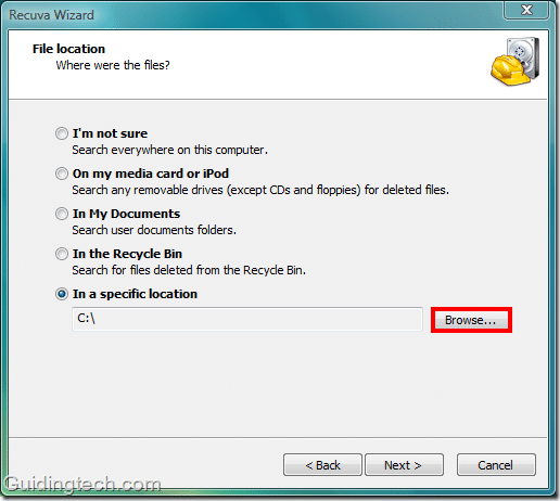 select source location in recuva