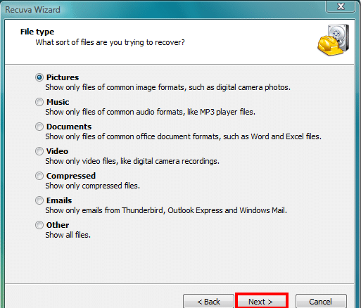 Select the type of files to be recovered in recuva