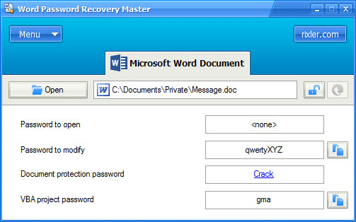 unlock ms word password with word password recovery master