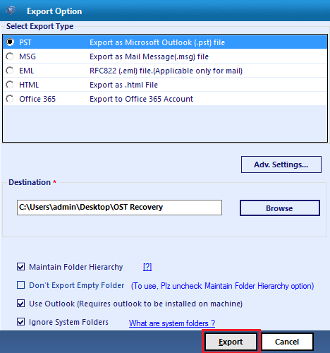 Click export to start the process in Systools 