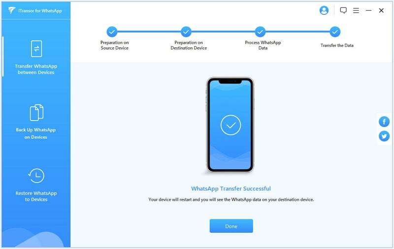 whatsapp data transferred from iphone to iphone successfully using itransor