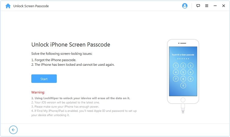 Press Start to unlock iPad screen passcode