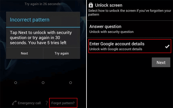 unlock android phone with Google account password