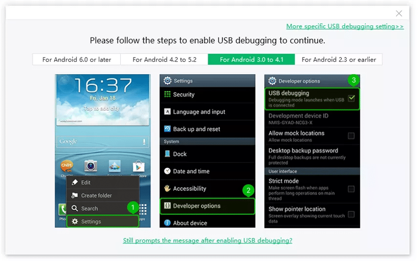 how to enable usb debugging on android 3.0 to 4.1