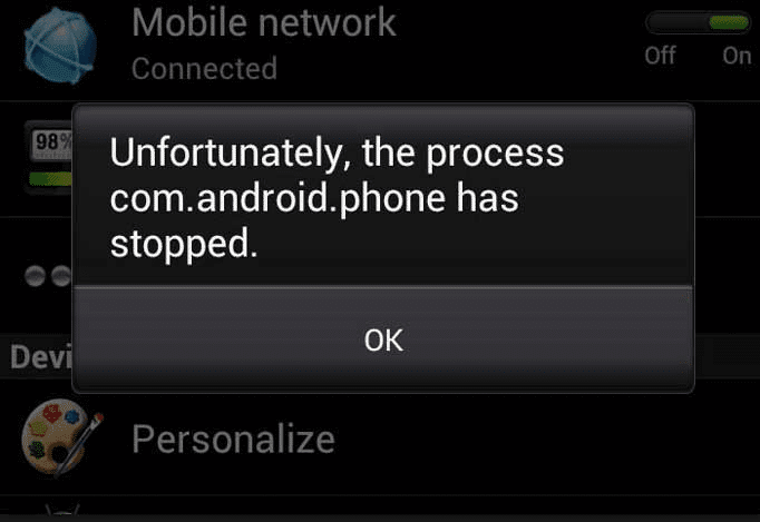 unfortunately, the process com.android.phone has stopped