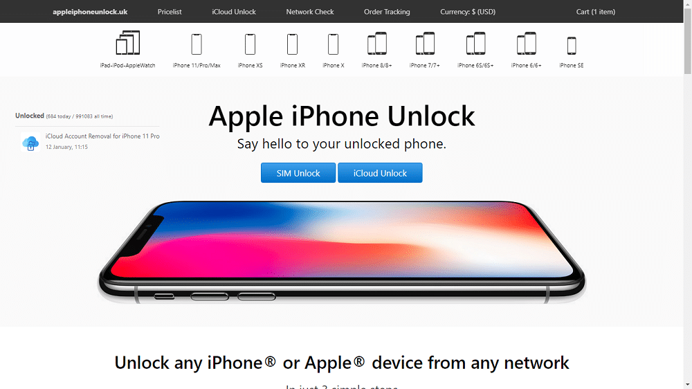 Click iCloud Unlock On appleiphoneunlock.uk Website