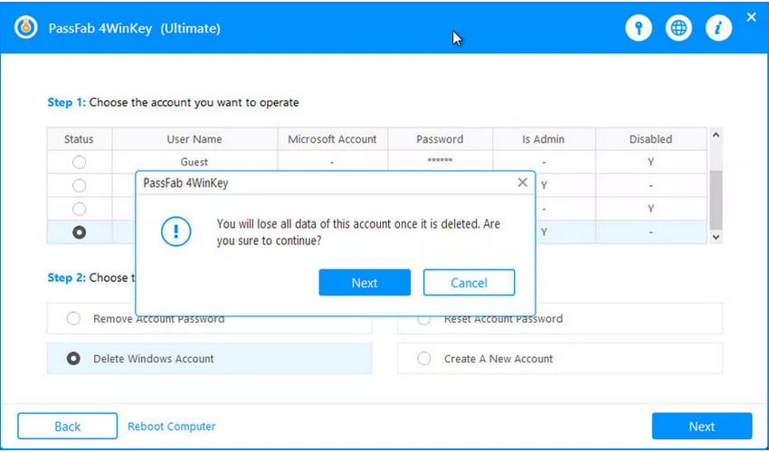 PassFab 4WinKey Confirm Account Deletion