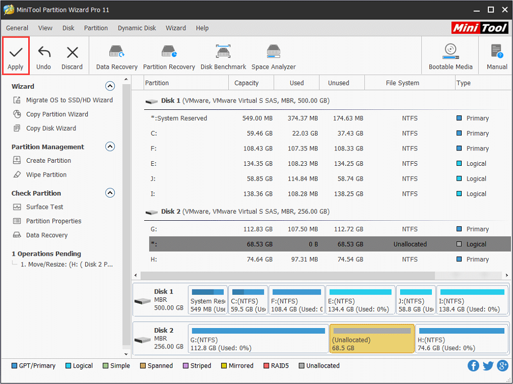 MiniTool Partition Wizard – Apply Partition Resize Changes