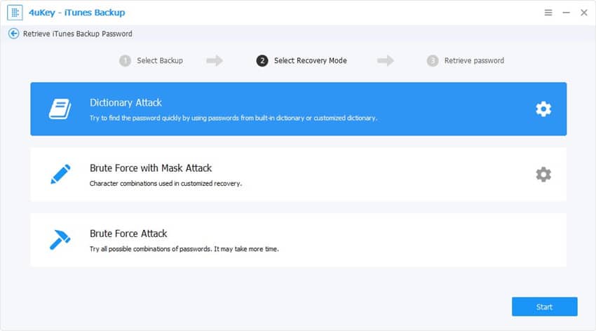 Tenorshare 4uKey – iTunes Backup – Choose Password Recovery Mode