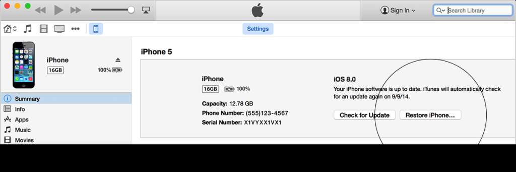 Cliquez sur l'option Restaurer l'iPhone dans iTunes