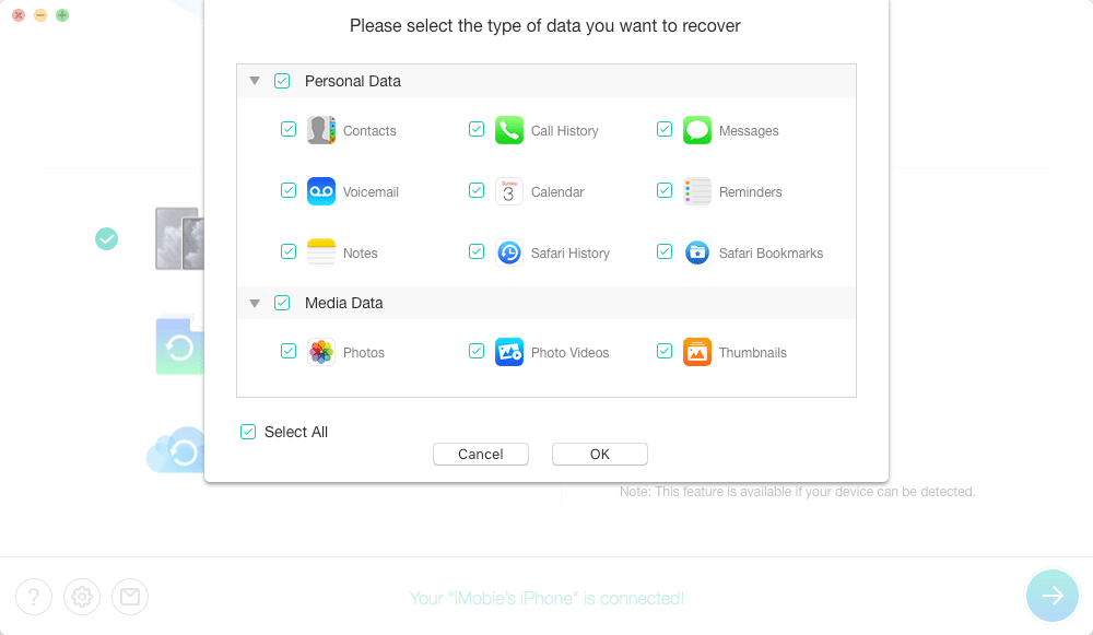 iMobie PhoneRescue – choose file types to recover