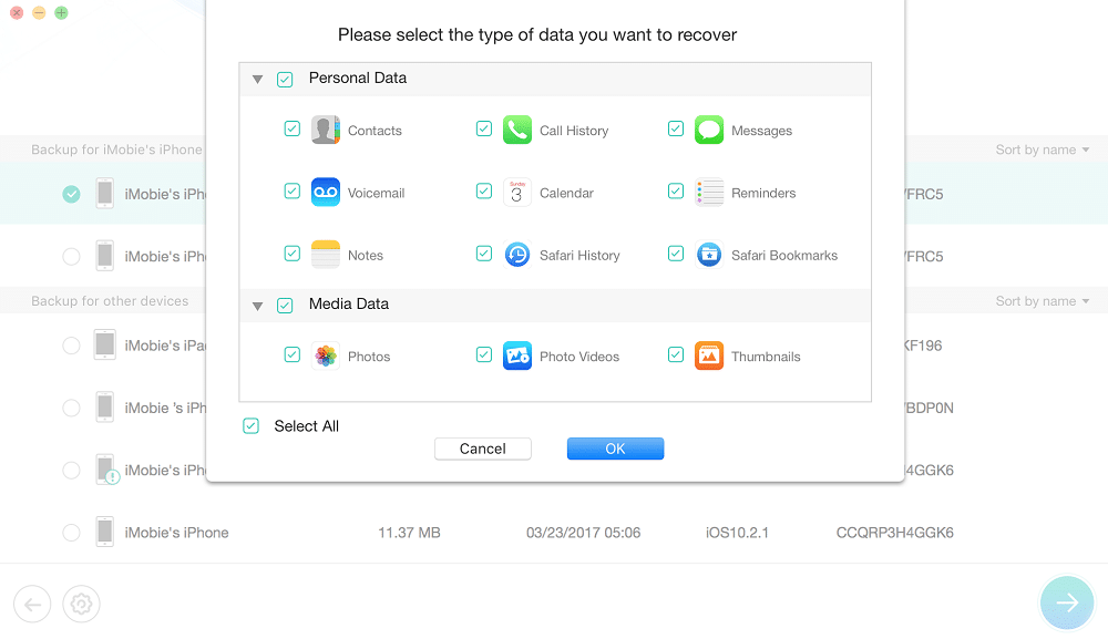 iMobie PhoneRescue – choose file types to recover from iTunes backup