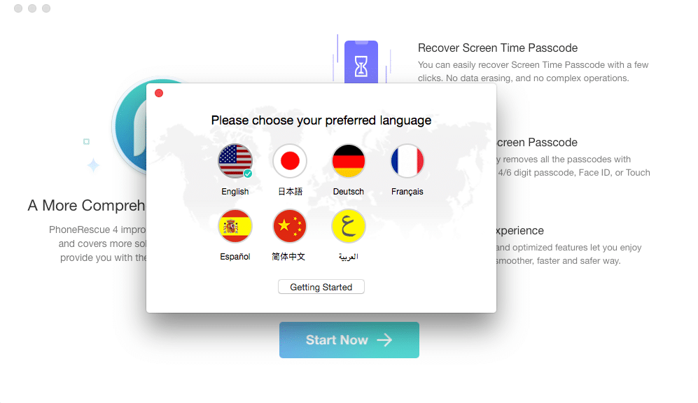iMobie PhoneRescue – choose your preferred language