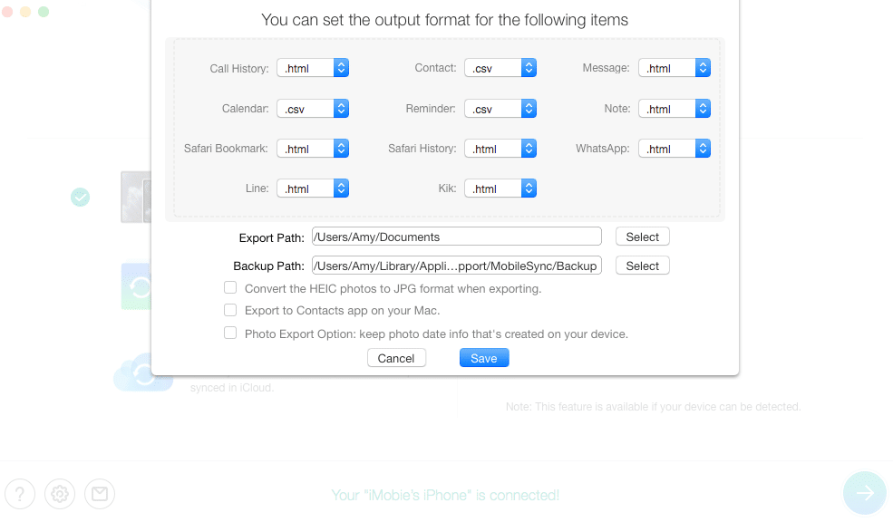 iMobie PhoneRescue – choose the output formats for data recovery