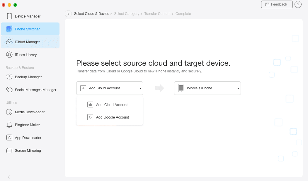 iMobie AnyTrans – iCloud transfer – choose account and device