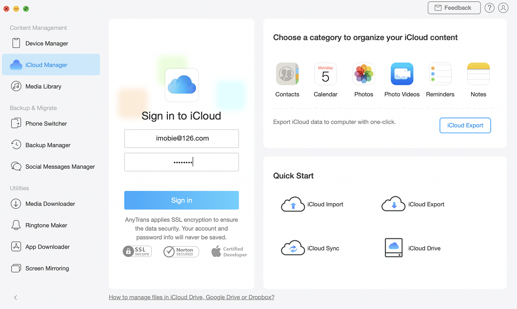 iMobie AnyTrans – iCloud sign-in