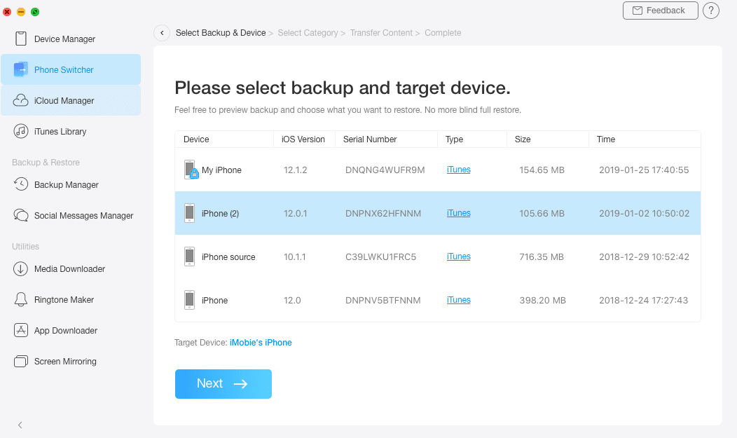 iMobie AnyTrans – select backup to restore and device