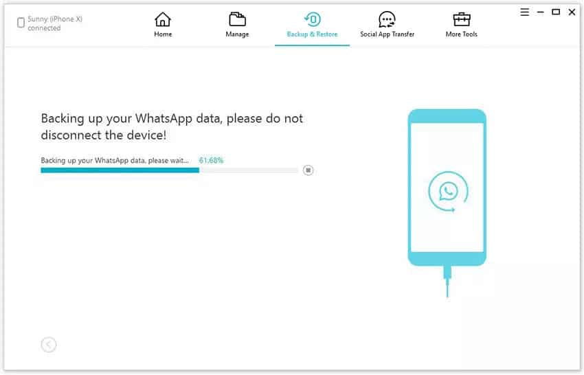 Tenorshare iCareFone – Sauvegarde WhatsApp en cours