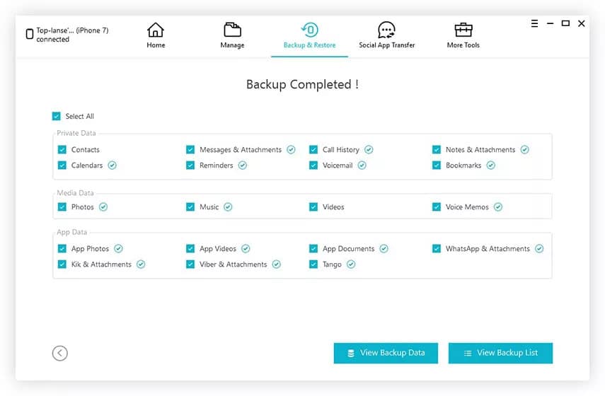 Tenorshare iCareFone – device backup completed