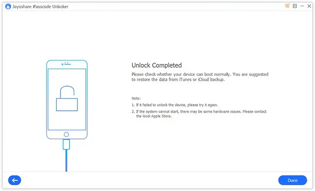 Joyoshare iPasscode Unlocker – unlock completed